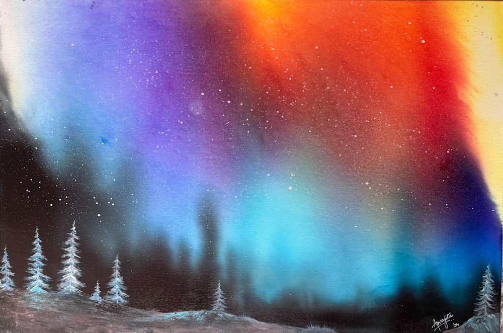 A vivid painting of red, violet, and blue northern lights above snow-covered trees